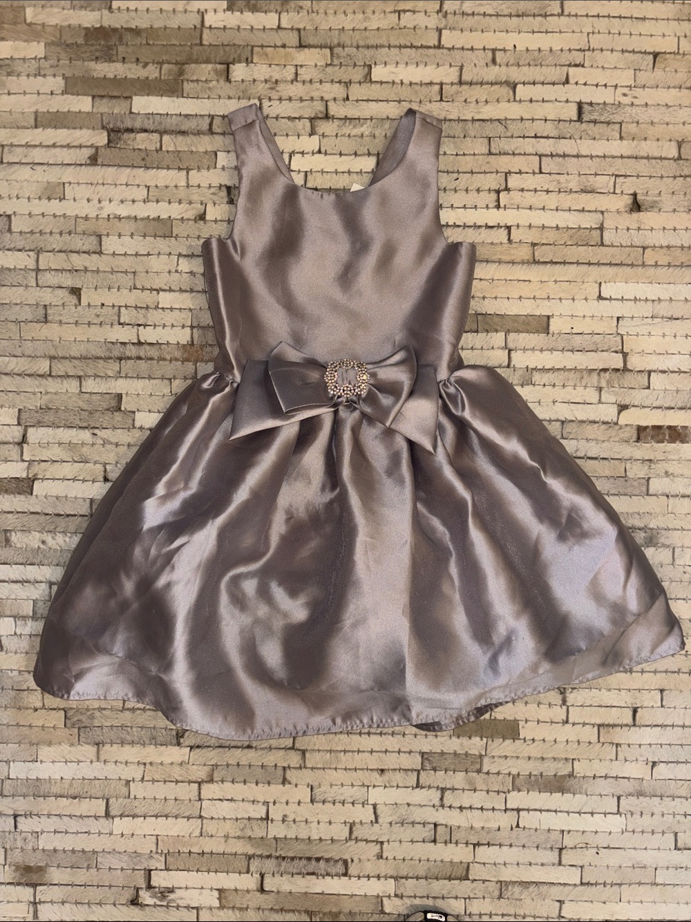 Zunie Shimmery Taupe Satin Bow-Front Party Dress